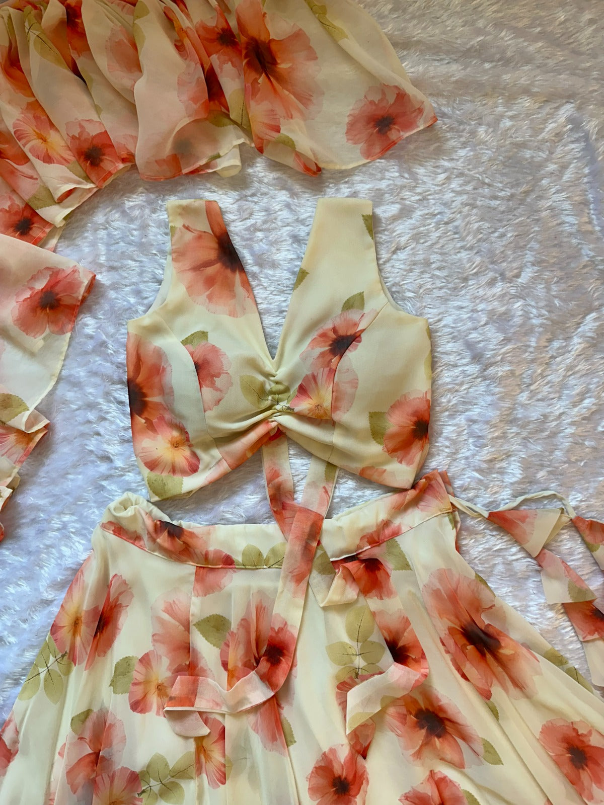 Pastel Floral Georgette Lehenga Set with Ruffle Blouse for Women