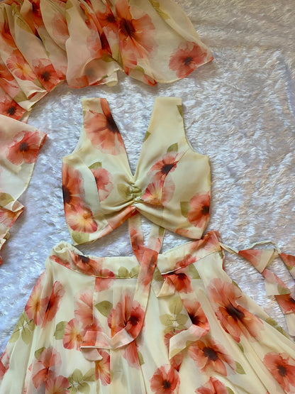 Pastel Floral Georgette Lehenga Set with Ruffle Blouse for Women