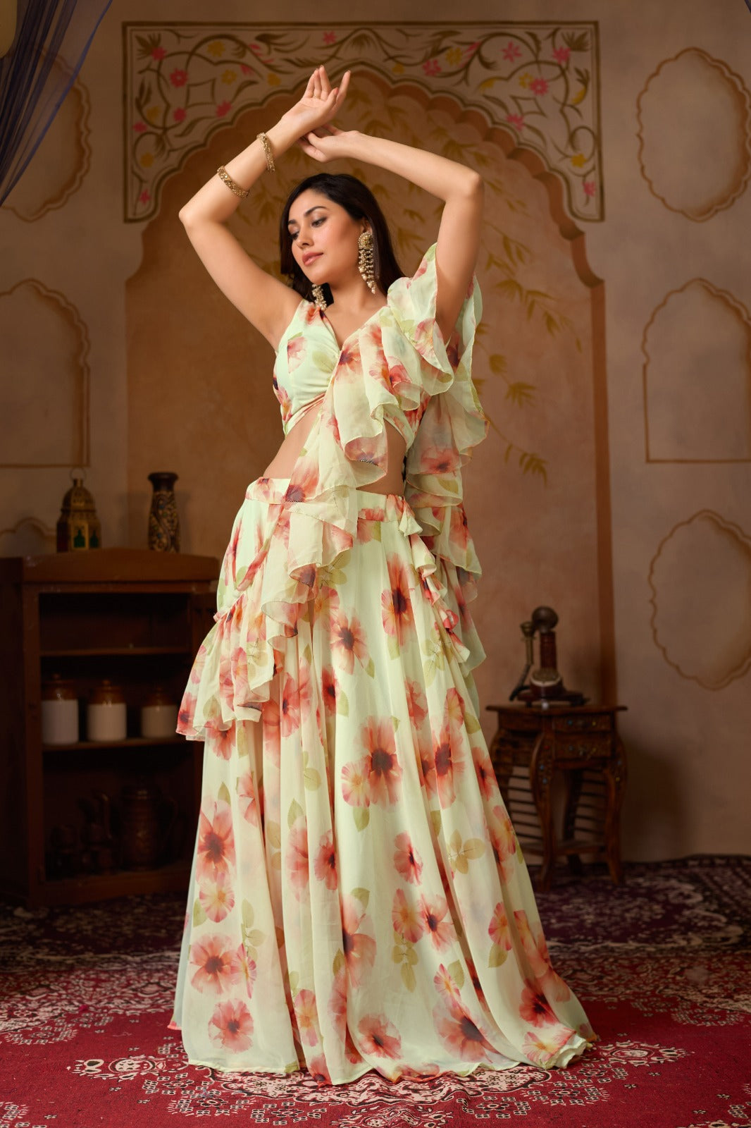 Pastel Floral Georgette Lehenga Set with Ruffle Blouse for Women
