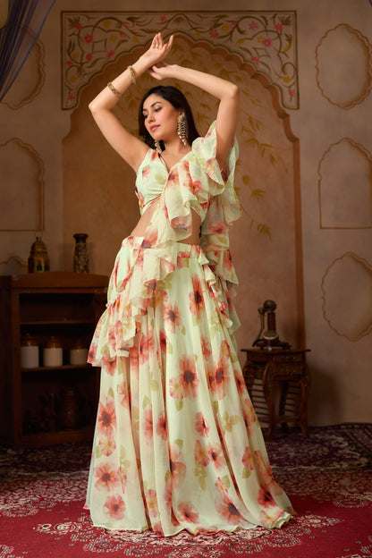 Pastel Floral Georgette Lehenga Set with Ruffle Blouse for Women