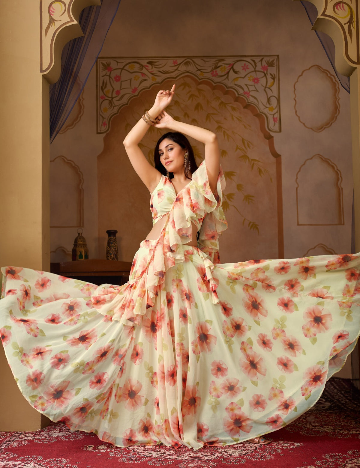 Pastel Floral Georgette Lehenga Set with Ruffle Blouse for Women