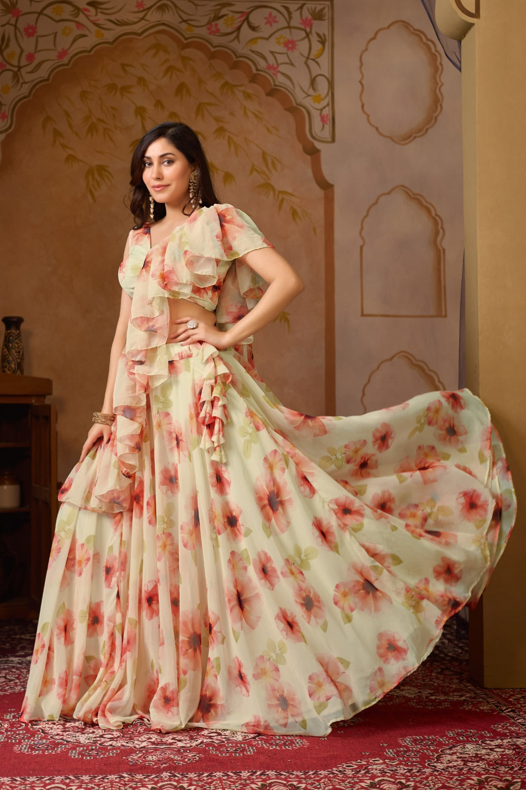Pastel Floral Georgette Lehenga Set with Ruffle Blouse for Women