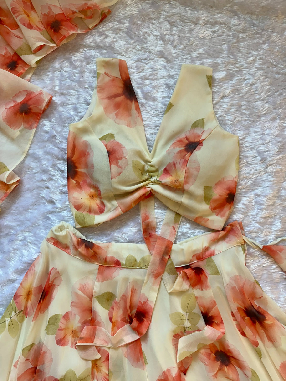 Pastel Floral Georgette Lehenga Set with Ruffle Blouse for Women