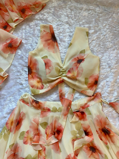 Pastel Floral Georgette Lehenga Set with Ruffle Blouse for Women
