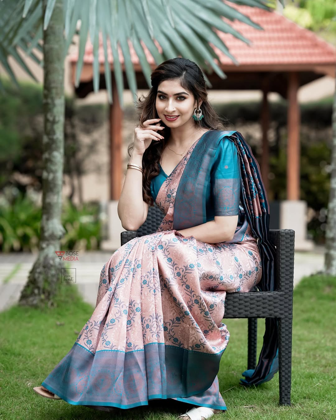 Pastel Peach Teal Banarasi Lichi Silk Saree Zari Work for Women