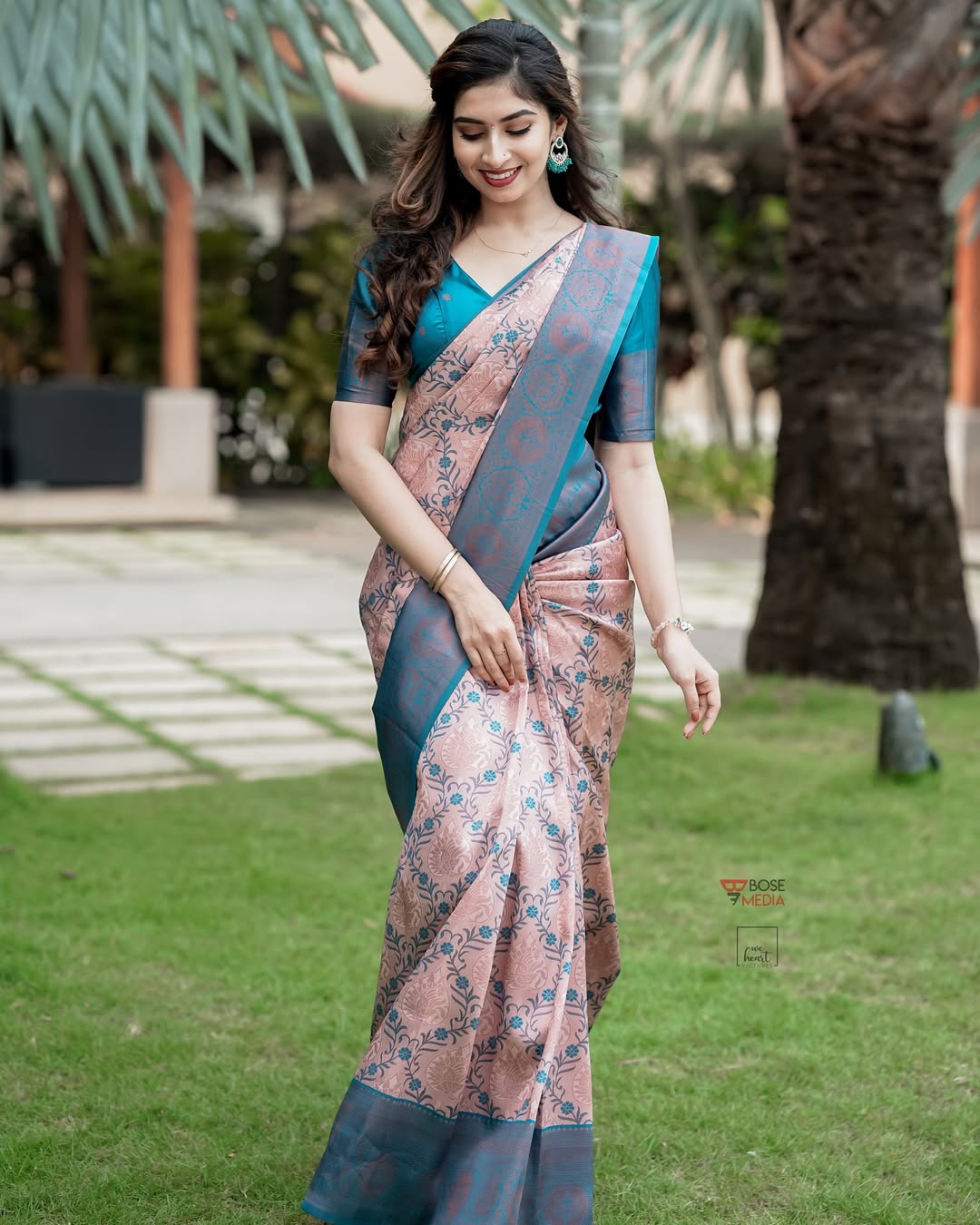 Pastel Peach Teal Banarasi Lichi Silk Saree Zari Work for Women