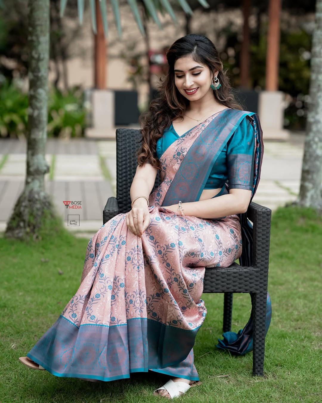 Pastel Peach Teal Banarasi Lichi Silk Saree Zari Work for Women