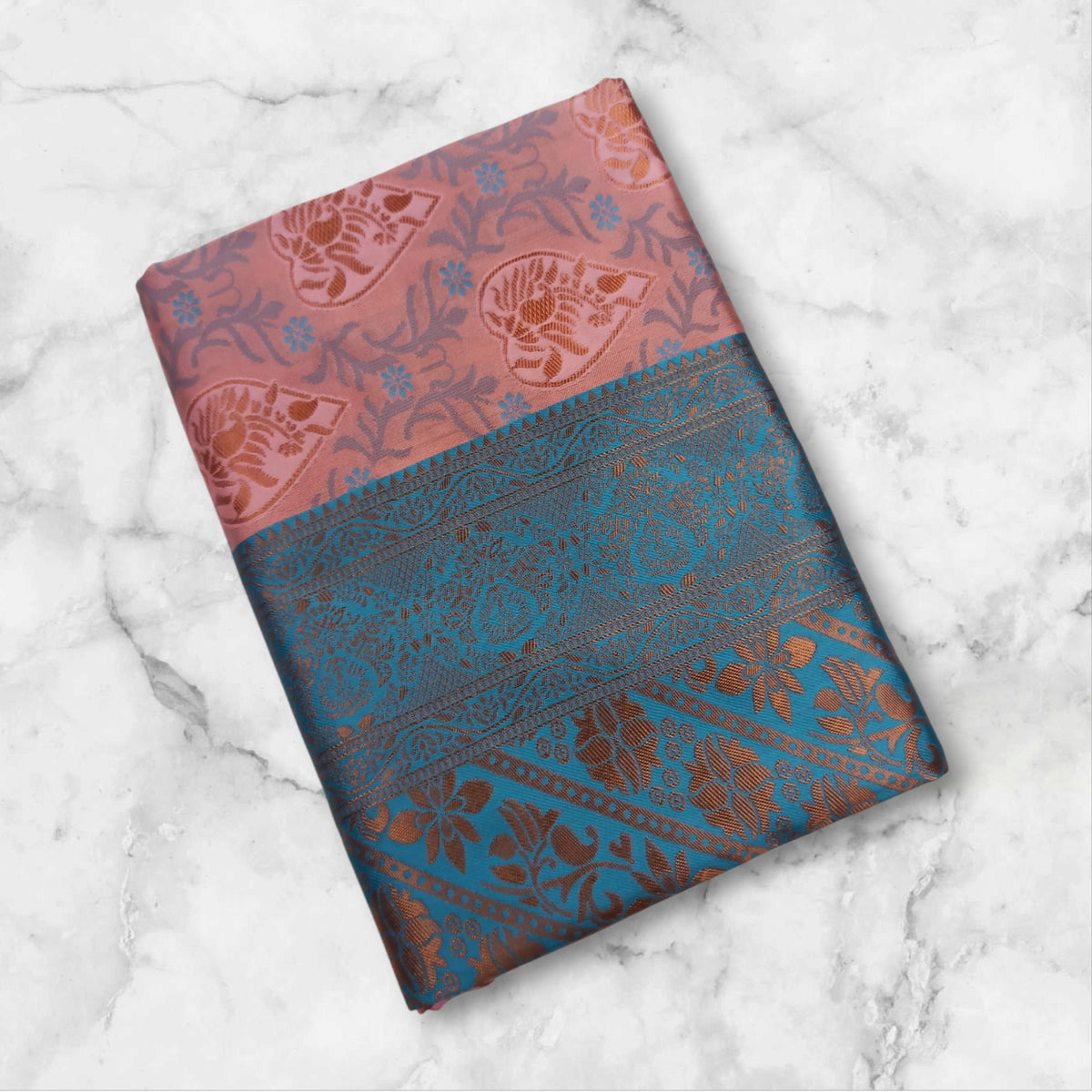 Pastel Peach Teal Banarasi Lichi Silk Saree Zari Work for Women