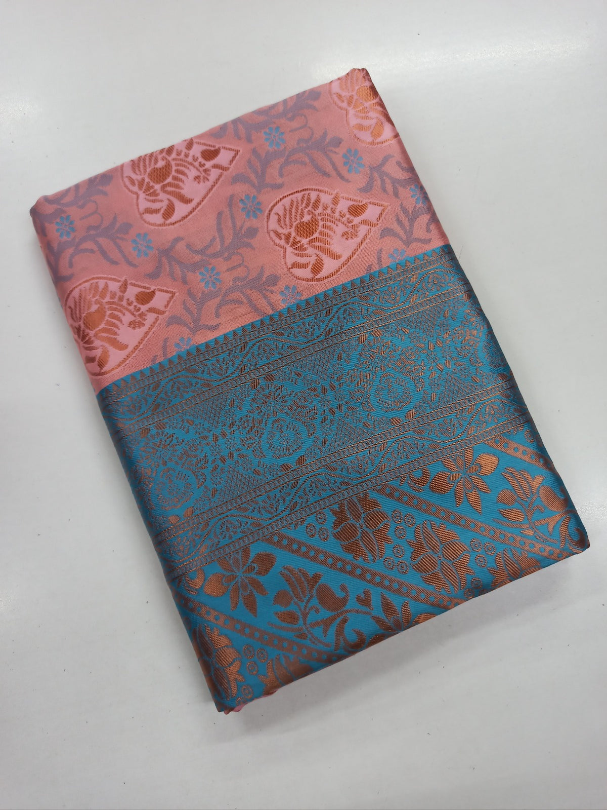 Pastel Peach Teal Banarasi Lichi Silk Saree Zari Work for Women
