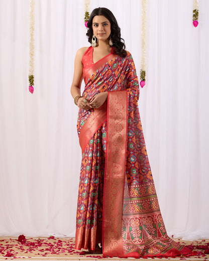 Red Patola Design Lichi Silk Saree for Women