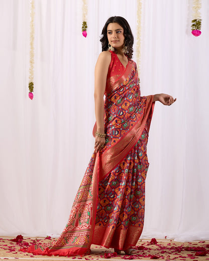 Red Patola Design Lichi Silk Saree for Women