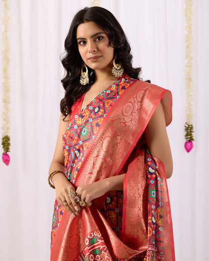 Red Patola Design Lichi Silk Saree for Women