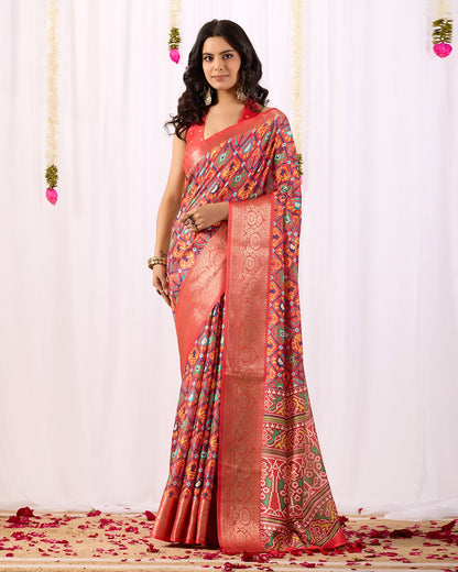 Red Patola Design Lichi Silk Saree for Women