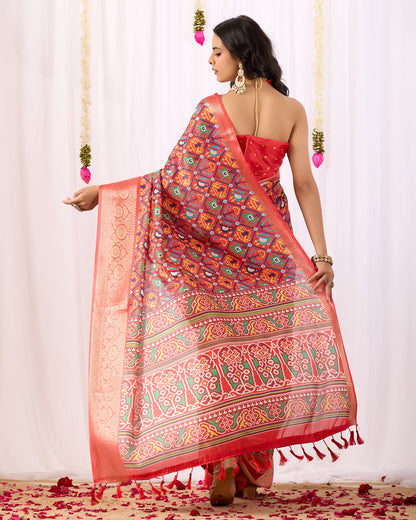 Red Patola Design Lichi Silk Saree for Women