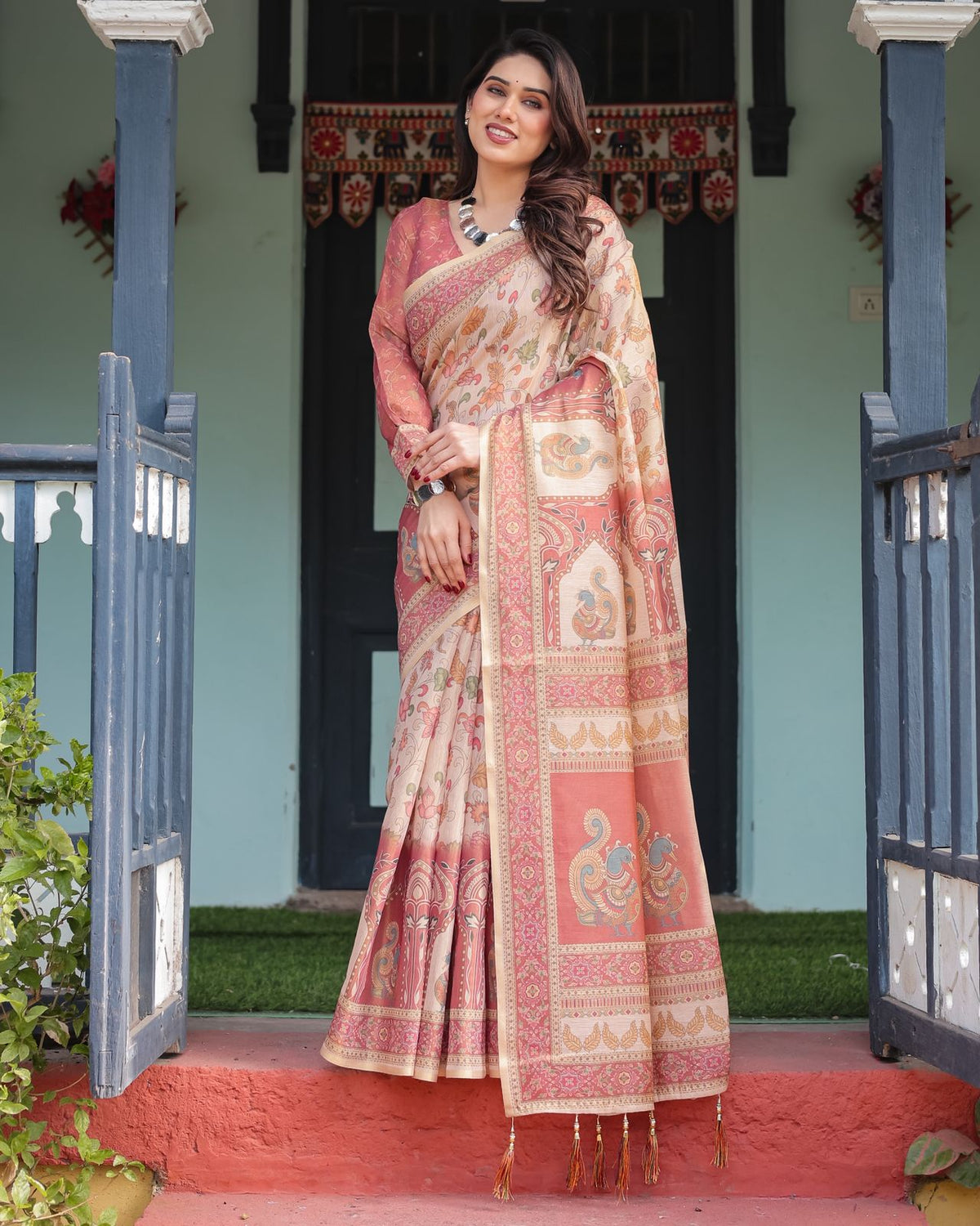 Peach Beige Floral Handloom Saree with Ethnic Border for Women