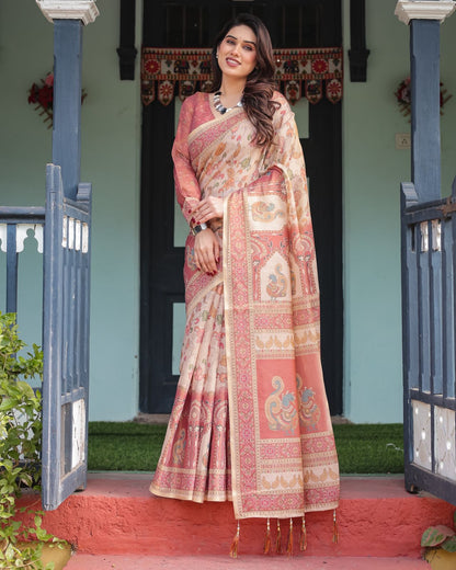 Peach Beige Floral Handloom Saree with Ethnic Border for Women