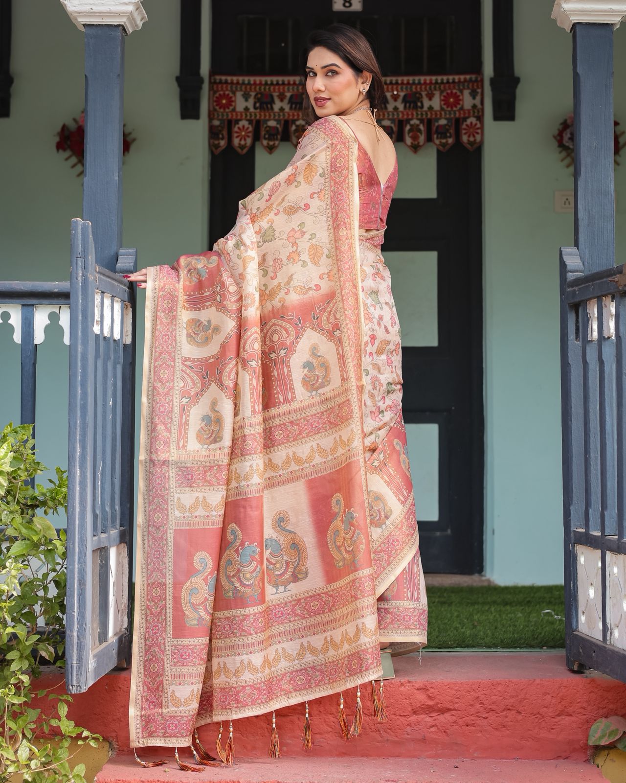 Peach Beige Floral Handloom Saree with Ethnic Border