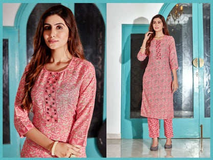 Peach Printed Cotton Kurti Pant Set Casual for Women