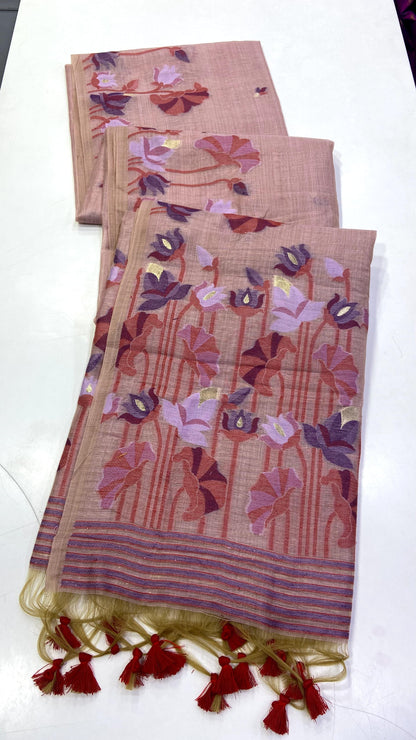 Blush Peach Muga Cotton Saree with Jamdani Lotus Pallu for Women