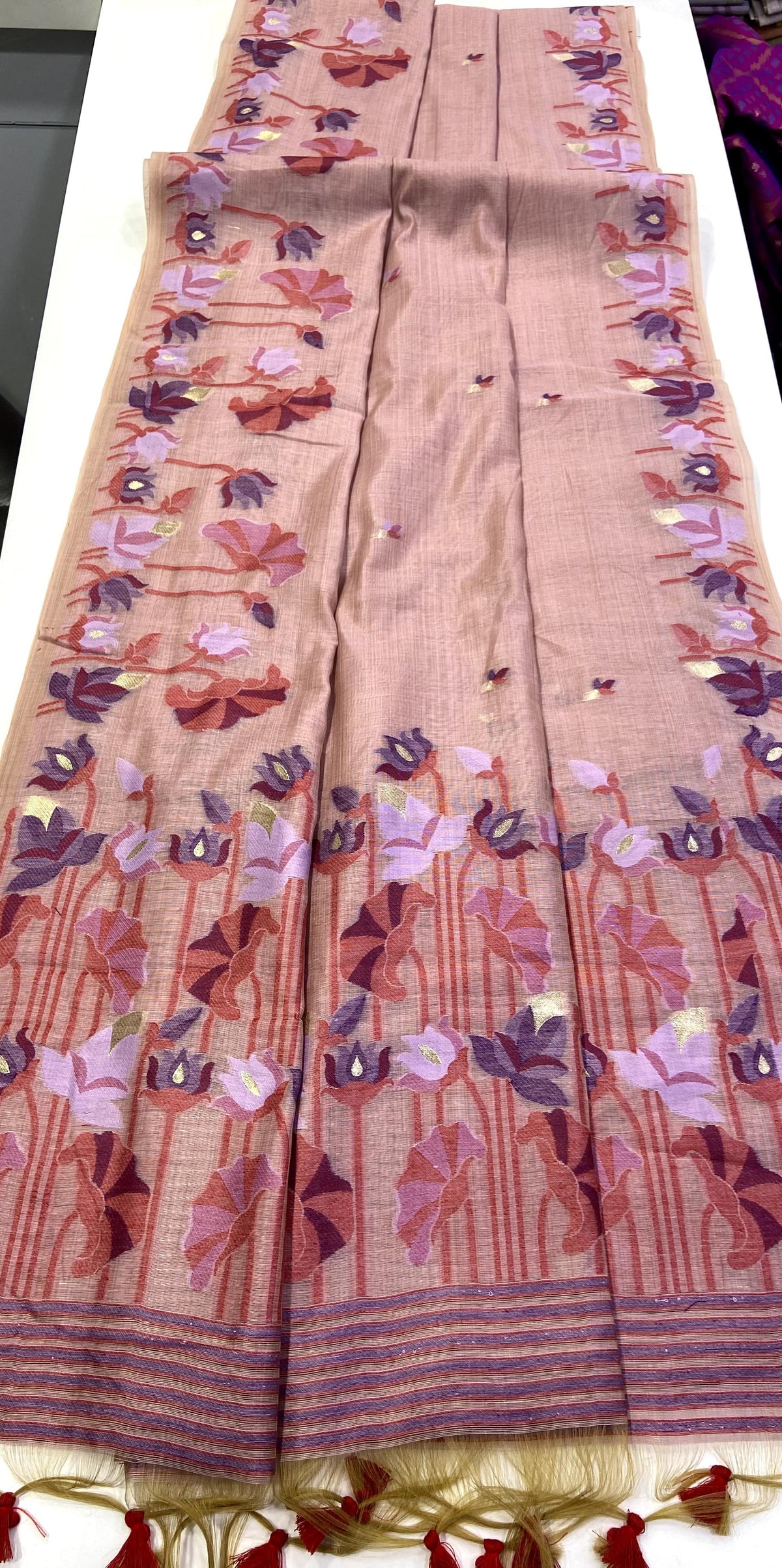 Blush Peach Muga Cotton Saree with Jamdani Lotus Pallu for Women