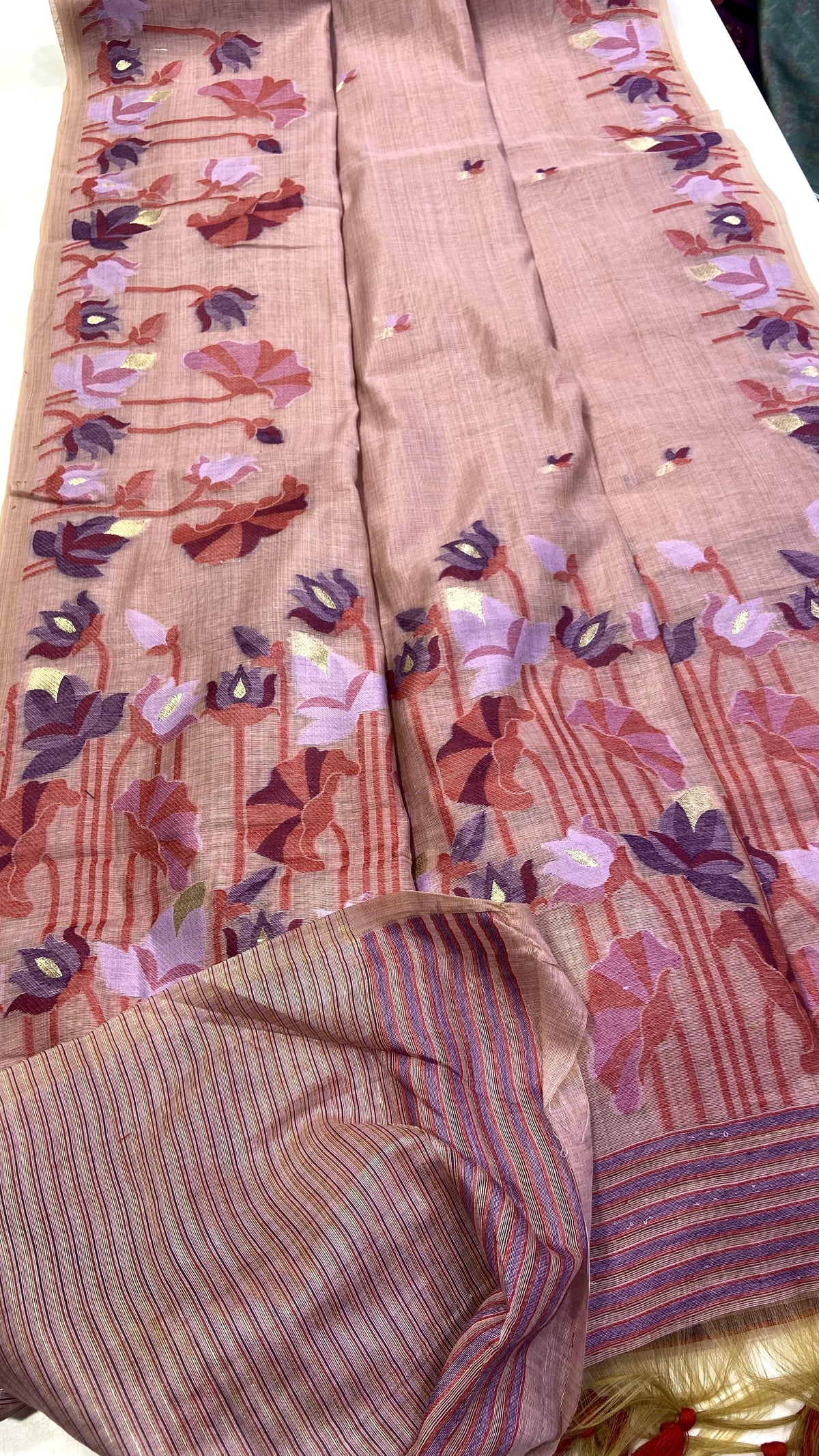 Blush Peach Muga Cotton Saree with Jamdani Lotus Pallu for Women