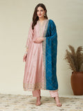 Peach Embroidered Silk Anarkali Set with Teal Dupatta