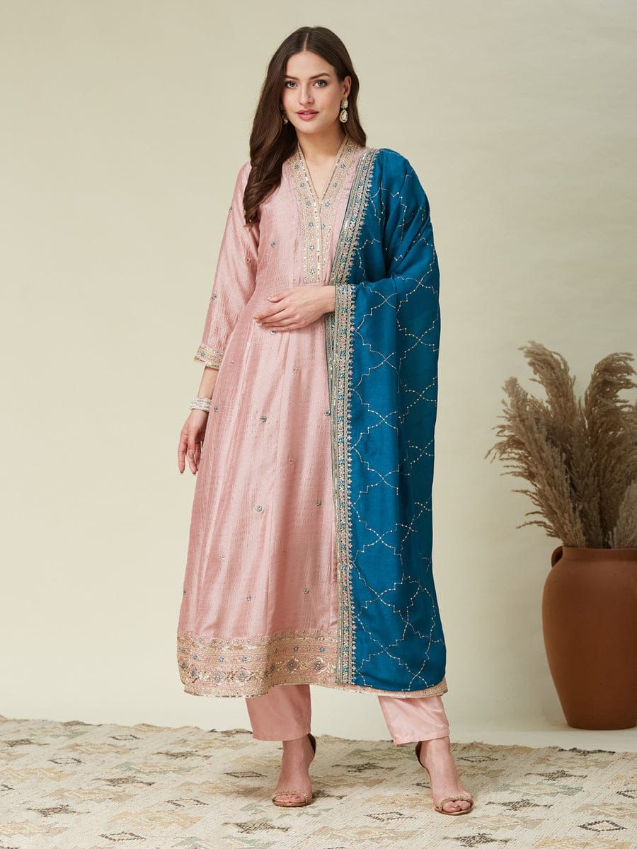Peach Embroidered Silk Anarkali Set with Teal Dupatta