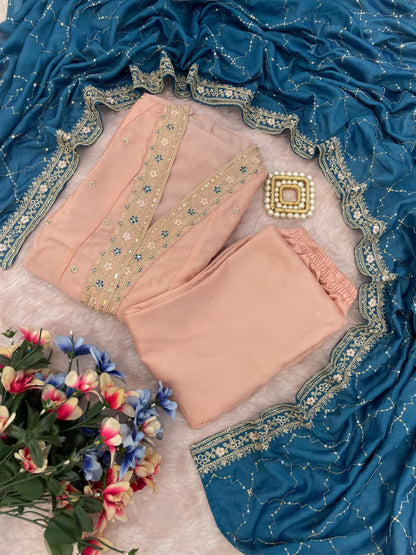 Peach Embroidered Silk Anarkali Set with Teal Dupatta for Women