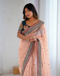 Peach Embroidered Net Party Wear Saree with Blouse