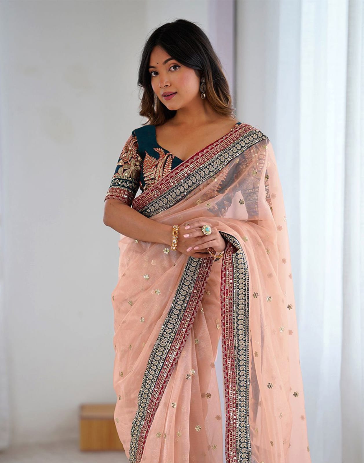 Peach Embroidered Net Party Wear Saree with Blouse