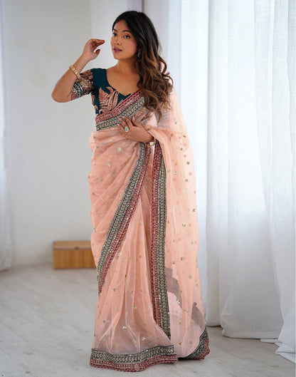 Peach Embroidered Net Party Wear Saree with Blouse for Women