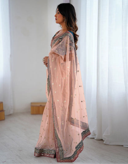 Peach Embroidered Net Party Wear Saree with Blouse for Women