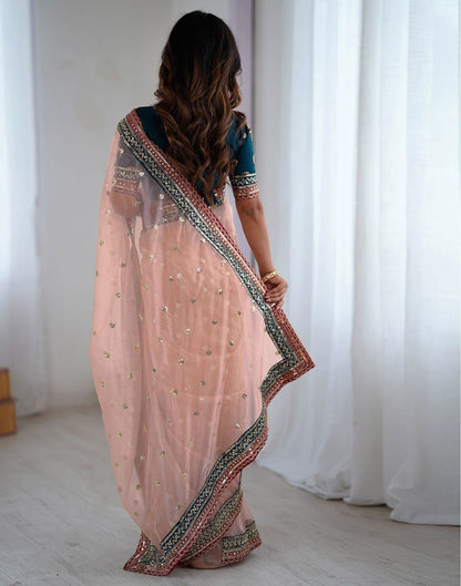 Peach Embroidered Net Party Wear Saree with Blouse for Women
