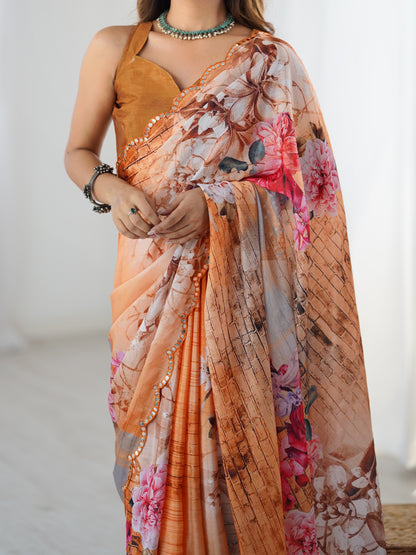 Peach Garden Floral Saree in Heavy Chinnon with Mirror Work for Women