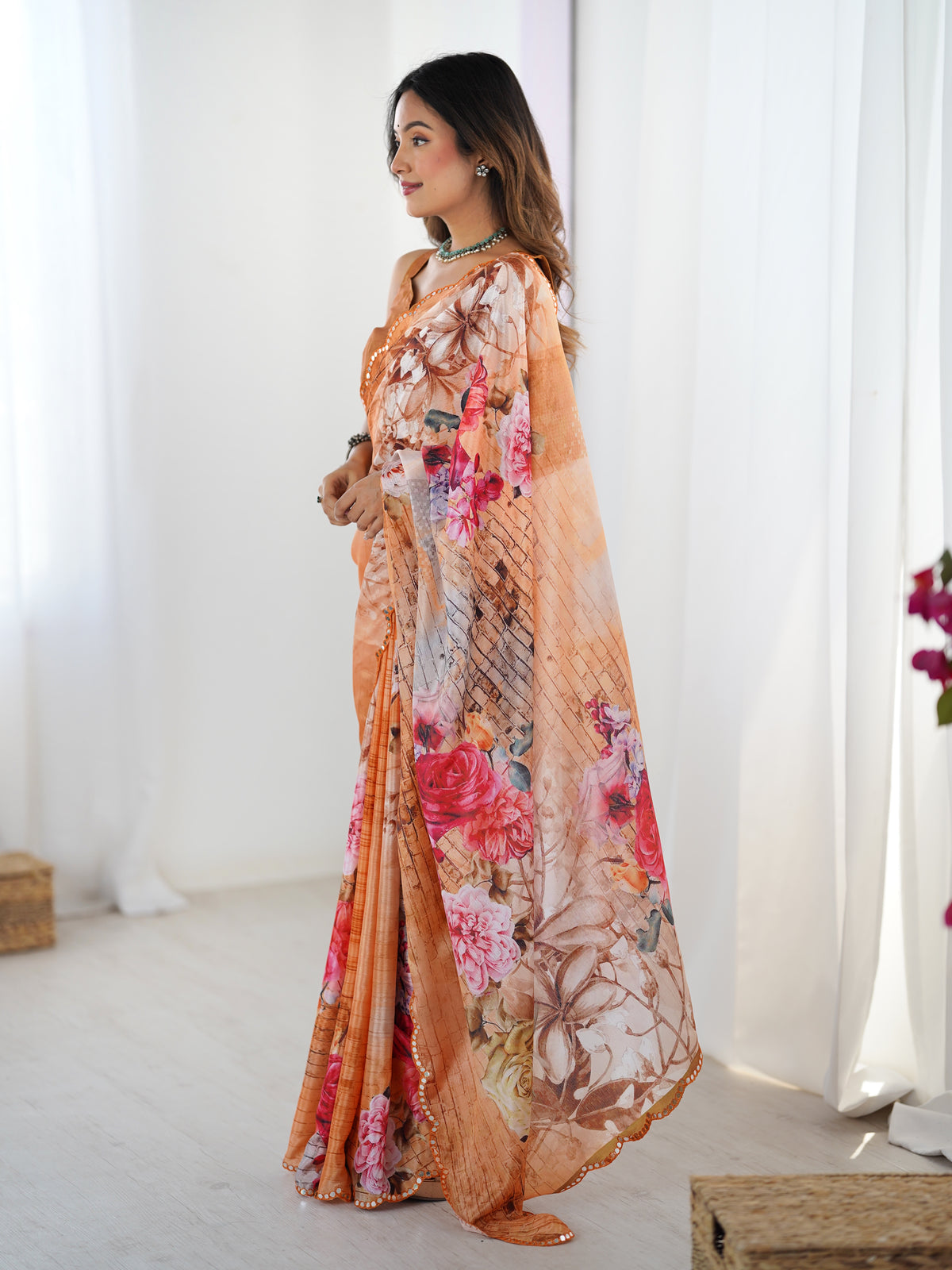 Peach Garden Floral Saree in Heavy Chinnon with Mirror Work for Women
