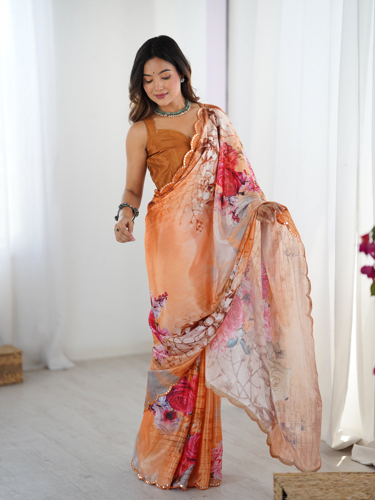 Peach Garden Floral Saree in Heavy Chinnon with Mirror Work for Women