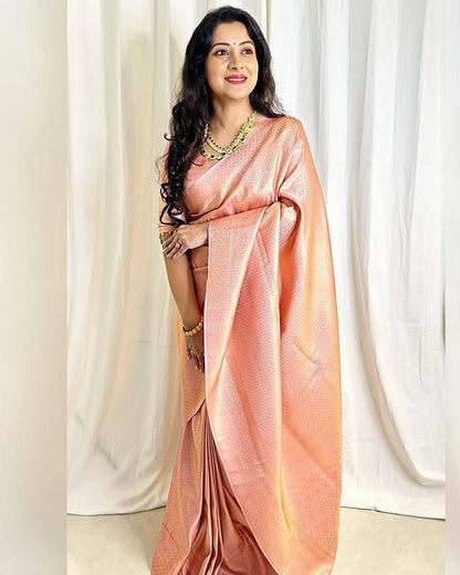 Peach Lichi Silk Saree with Rich Pallu &amp; Jacquard Work for Women