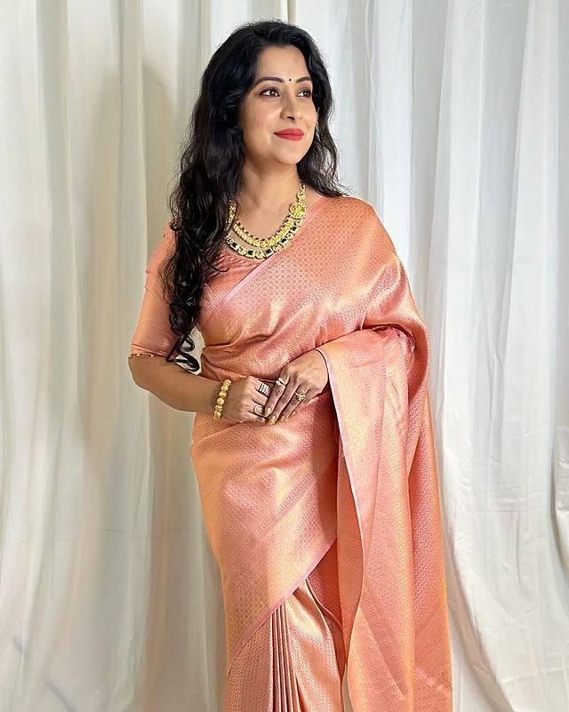 Peach Lichi Silk Saree with Rich Pallu &amp; Jacquard Work for Women