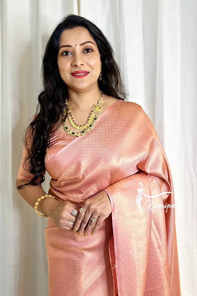 Peach Lichi Silk Saree with Rich Pallu &amp; Jacquard Work for Women
