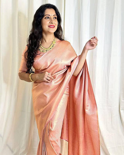 Peach Lichi Silk Saree with Rich Pallu &amp; Jacquard Work for Women