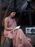 Peach Linen Cotton Printed Saree for Women Online
