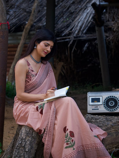 Peach Linen Cotton Printed Saree for Women