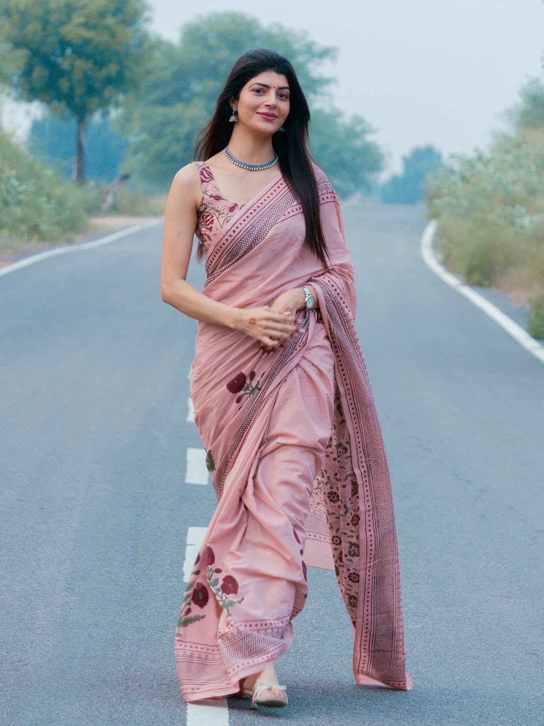 Peach Linen Cotton Printed Saree for Women