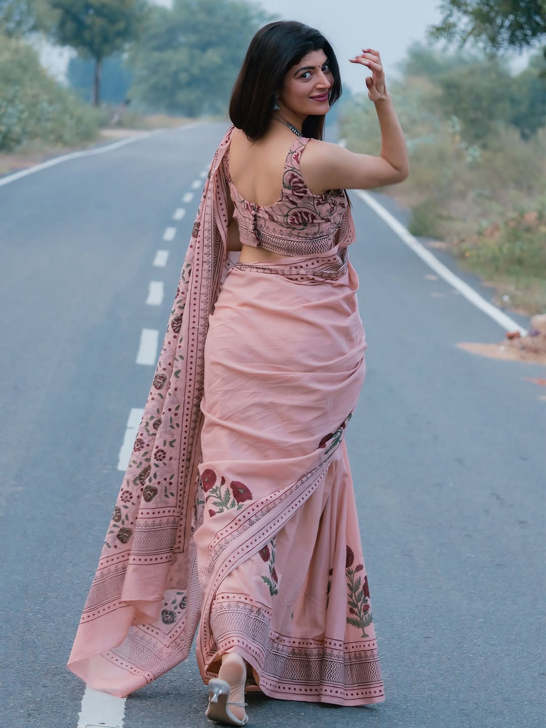 Peach Linen Cotton Printed Saree for Women