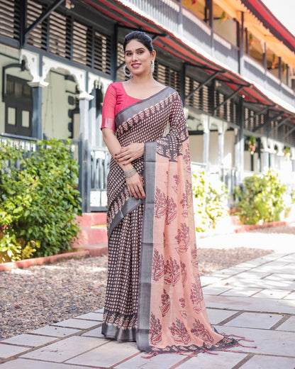 Elegant Peach Linen Saree with Bold Black Printed Border for Women
