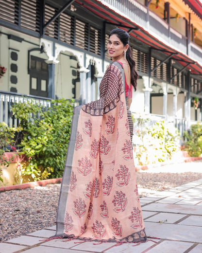 Elegant Peach Linen Saree with Bold Black Printed Border for Women
