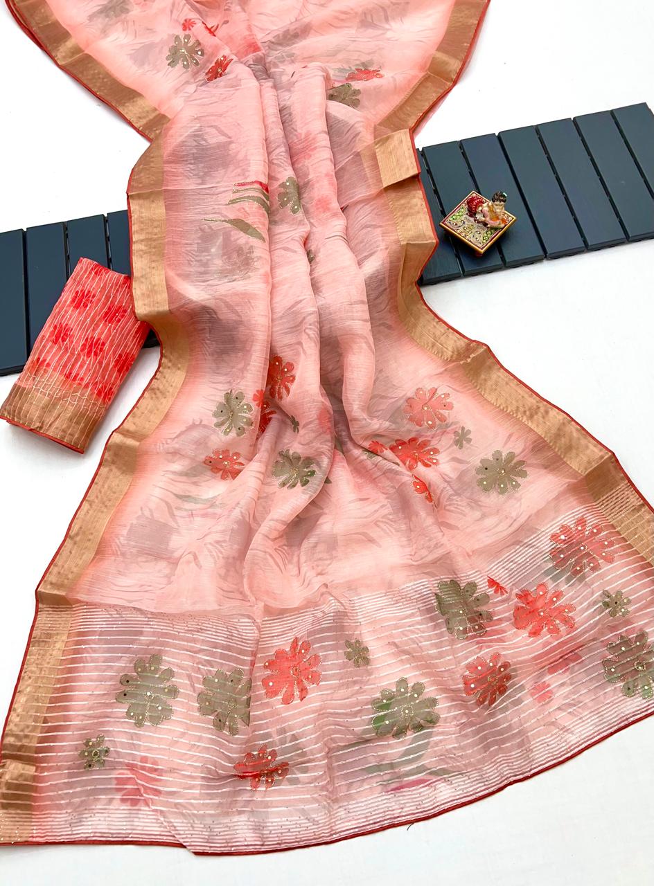 Peach Floral Organza Cotton Silk Saree for Women