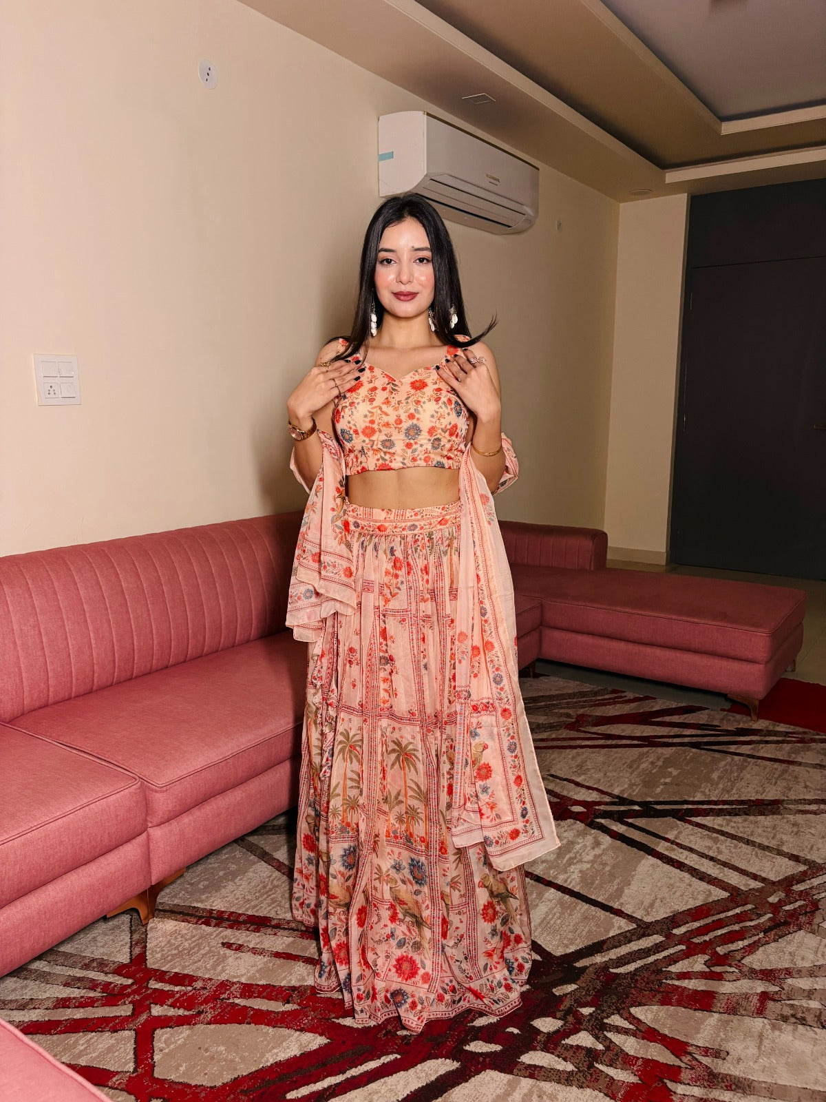 Peach Floral Organza Lehenga Set with Printed Dupatta