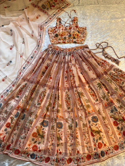 Peach Floral Organza Lehenga Set with Printed Dupatta for Women