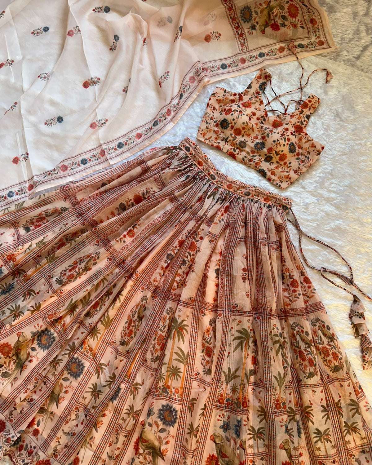 Peach Floral Organza Lehenga Set with Printed Dupatta for Women